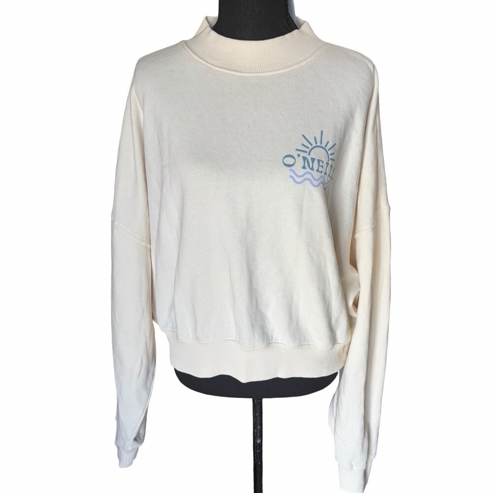 O’Neill Womens Large Cream Cropped Sweatshirt Mock Neck Graphic Pullover NWT